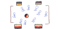 Die Zeichnung zeigt Menschen im Rollstuhl auf einem Fußballfeld, drumherum sind Deutschlandfahnen