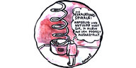 Ein bunter Cartoon: Eine Riesenspirale. Davor steht ein Mann und sagt: "Die Eskalationsspirale: Armselig und nutzlos wirkt sie, so allein auf dem Podest ausgestellt."